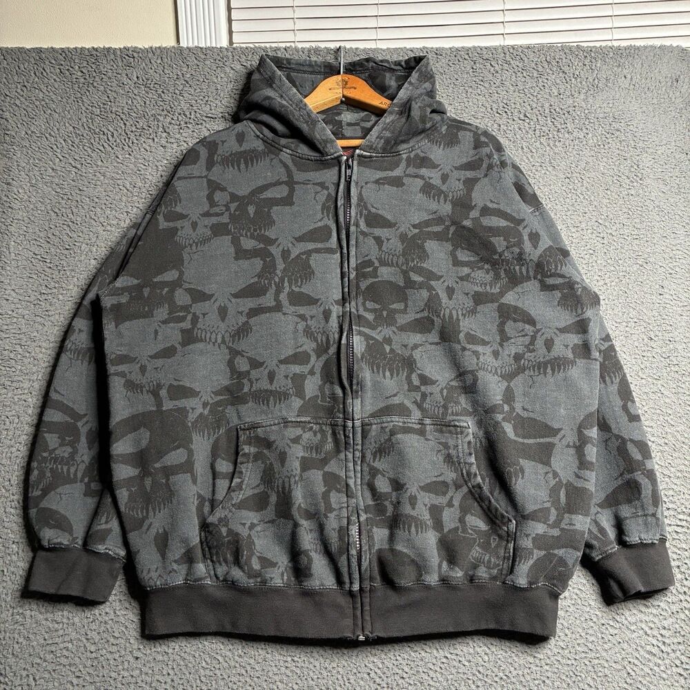 Southpole Style Y2K All Over Print Skull Crossbones Full Zip Hoodie Mens Large